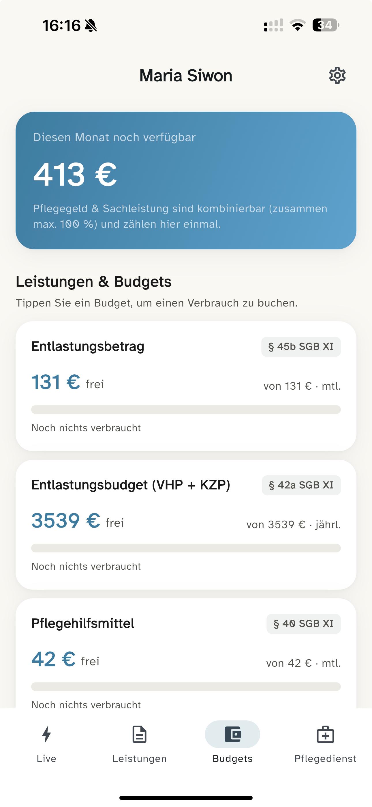 Amiona App zeigt Pflegeleistungen und Budgets für einen Angehörigen mit Pflegegrad 3